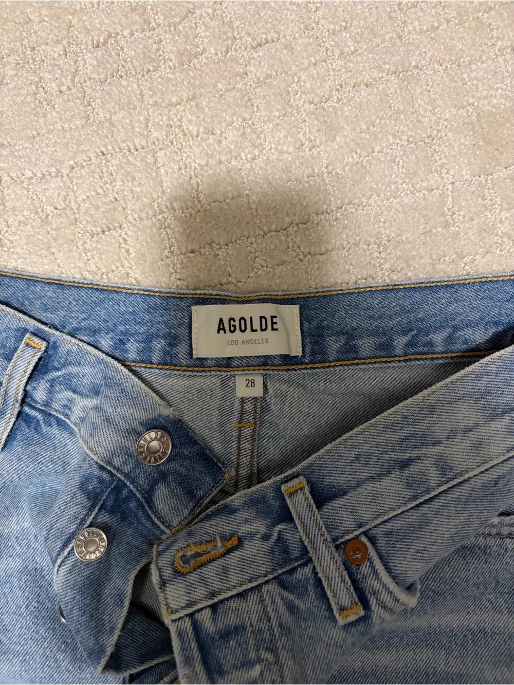 Agolde Parker Long Light Blue Distressed Denim Shorts